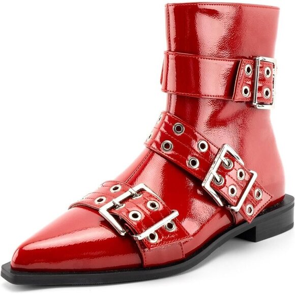 No Brand Shoes - 🆕Women Red Ankle Wide Buckle Boots Pointed Toe Low Heel Boot Pull Fashion Boots